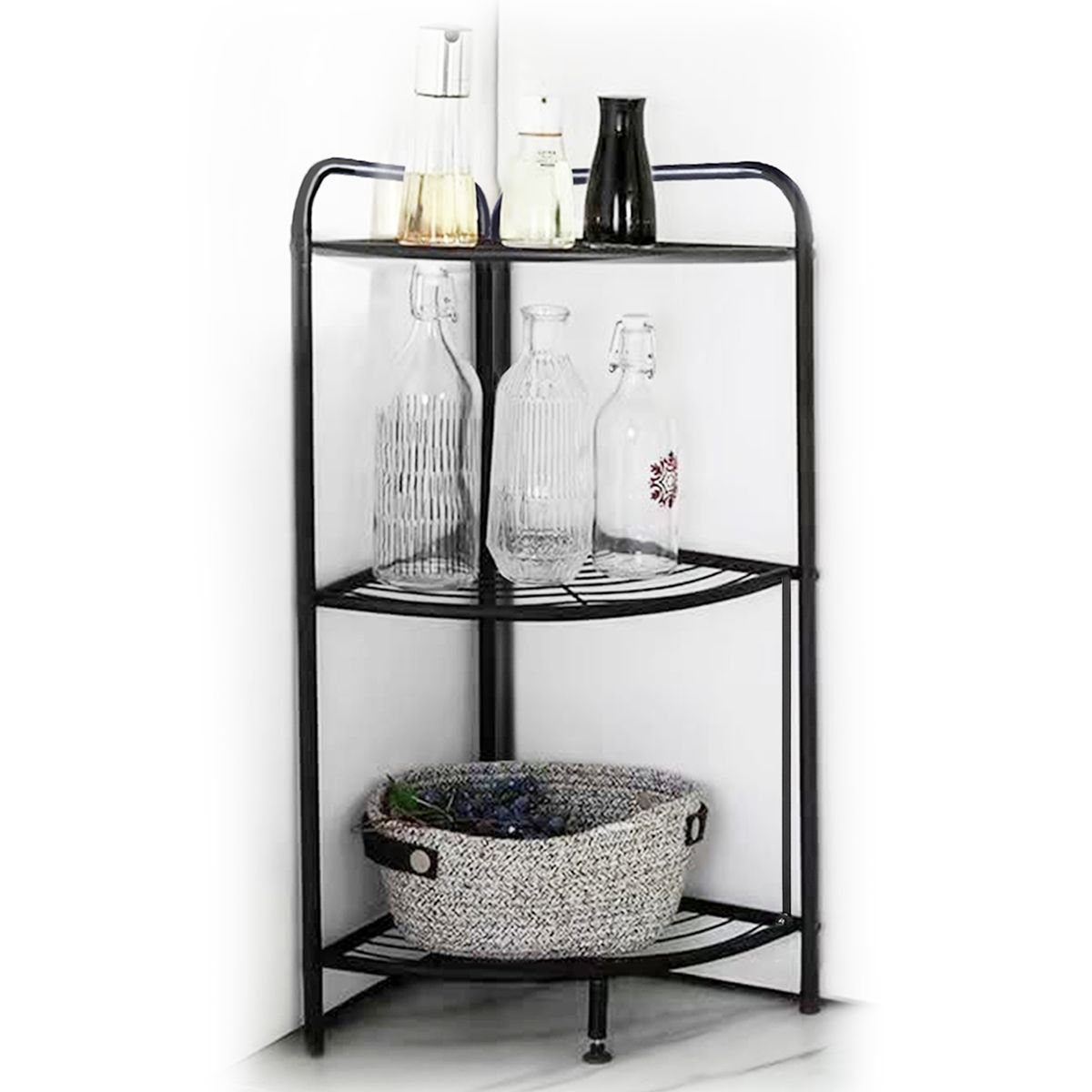 Foldable Corner Storage Shelf Metal Rack with Adjustable Feet