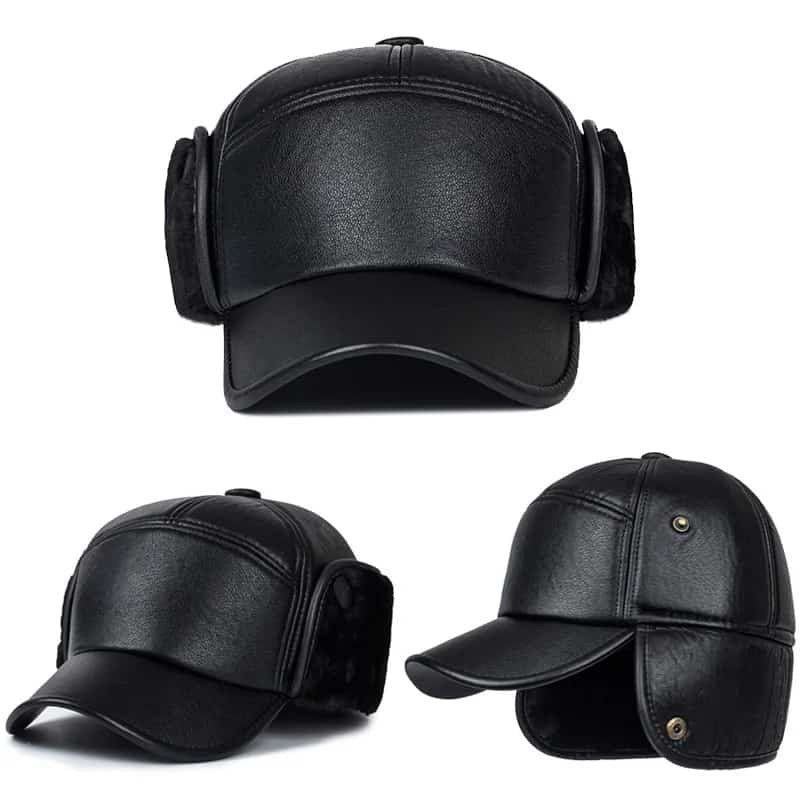 Winter Baseball Cap Plush Cotton Leather Hat Warm Baseball Cap Ear Protection - Unisex