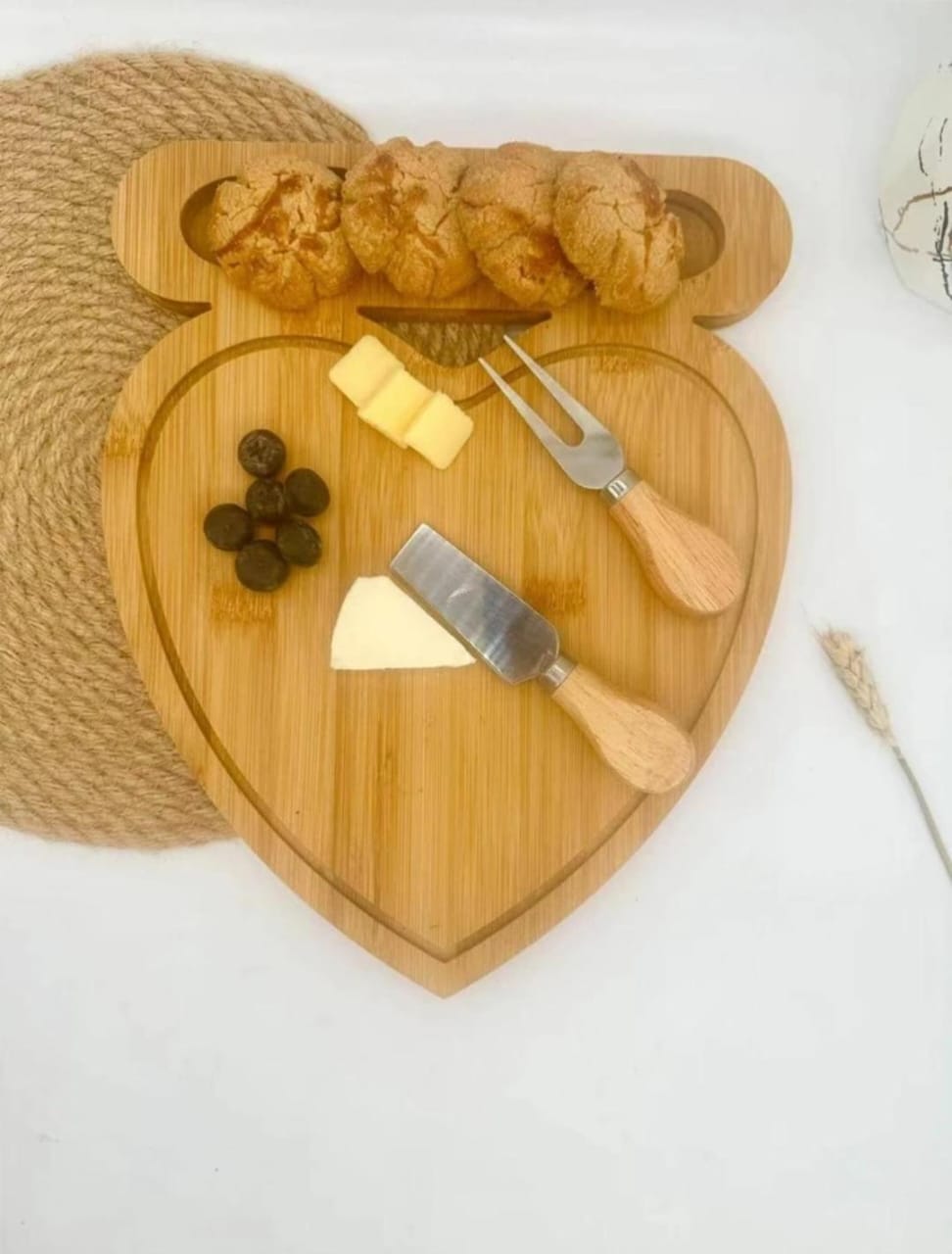 1pc Bamboo Cheese Knife & Fork & 1pc Cutting Board