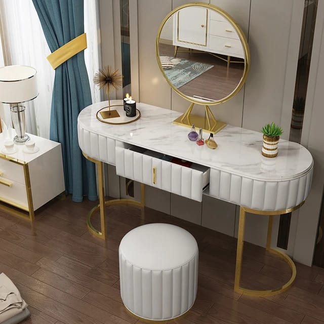 Modern Luxury Dressing Table Marble Top Steel Legs Console Table With Mirror And Stool