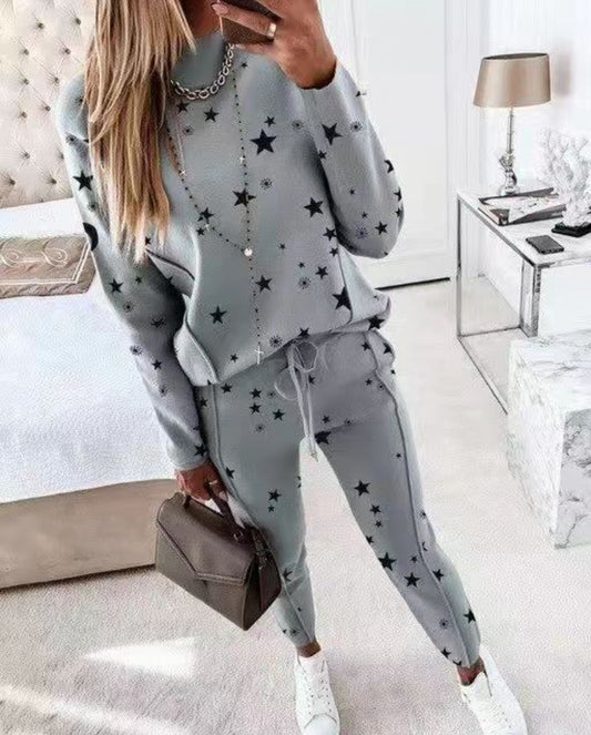 New sports suit women's star print top + pants suit casual fashion trend two-piece suit