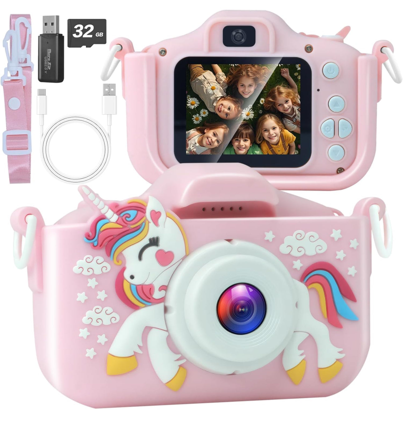 Unicorn Kids Camera, Christmas Birthday Gifts for Girls Boys, 1080P HD Selfie Digital Video Camera for Toddlers, Cute Portable. Various Colours