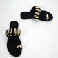 Women Fashionable Comfortable Flat Sandals With White Fabric, Gold Buckle Design And Round Toe Opening For Daily Wear - Various Colours