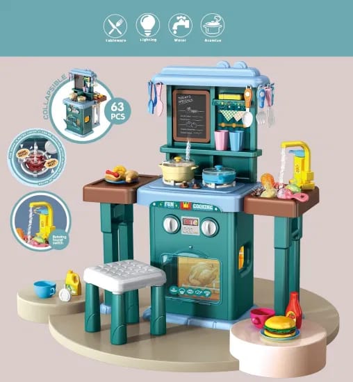 2 IN 1 B/O Mist Spray Happy Kitchen Toys Cooking Kitchen Cabinet Table Toy Big Toy Kitchen Set