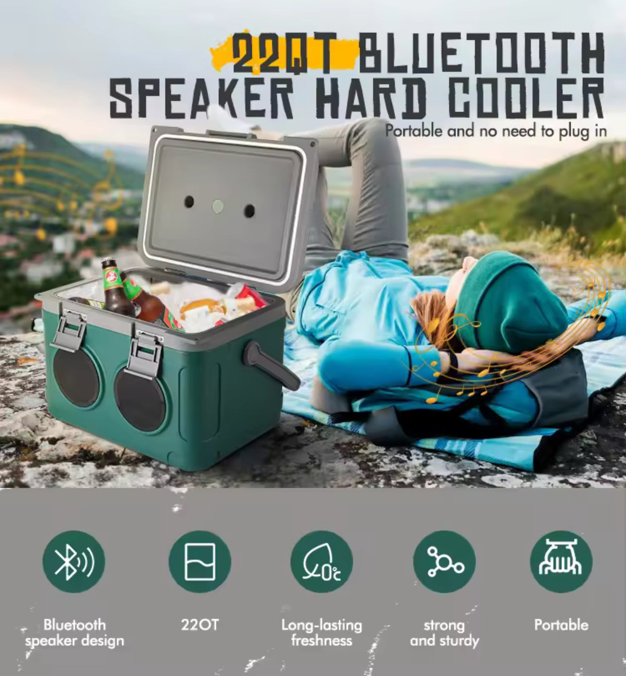 21L Cooler Box with Speaker, Portable PE Insulated Ice Box Cooler-PreOrder Sales Only!