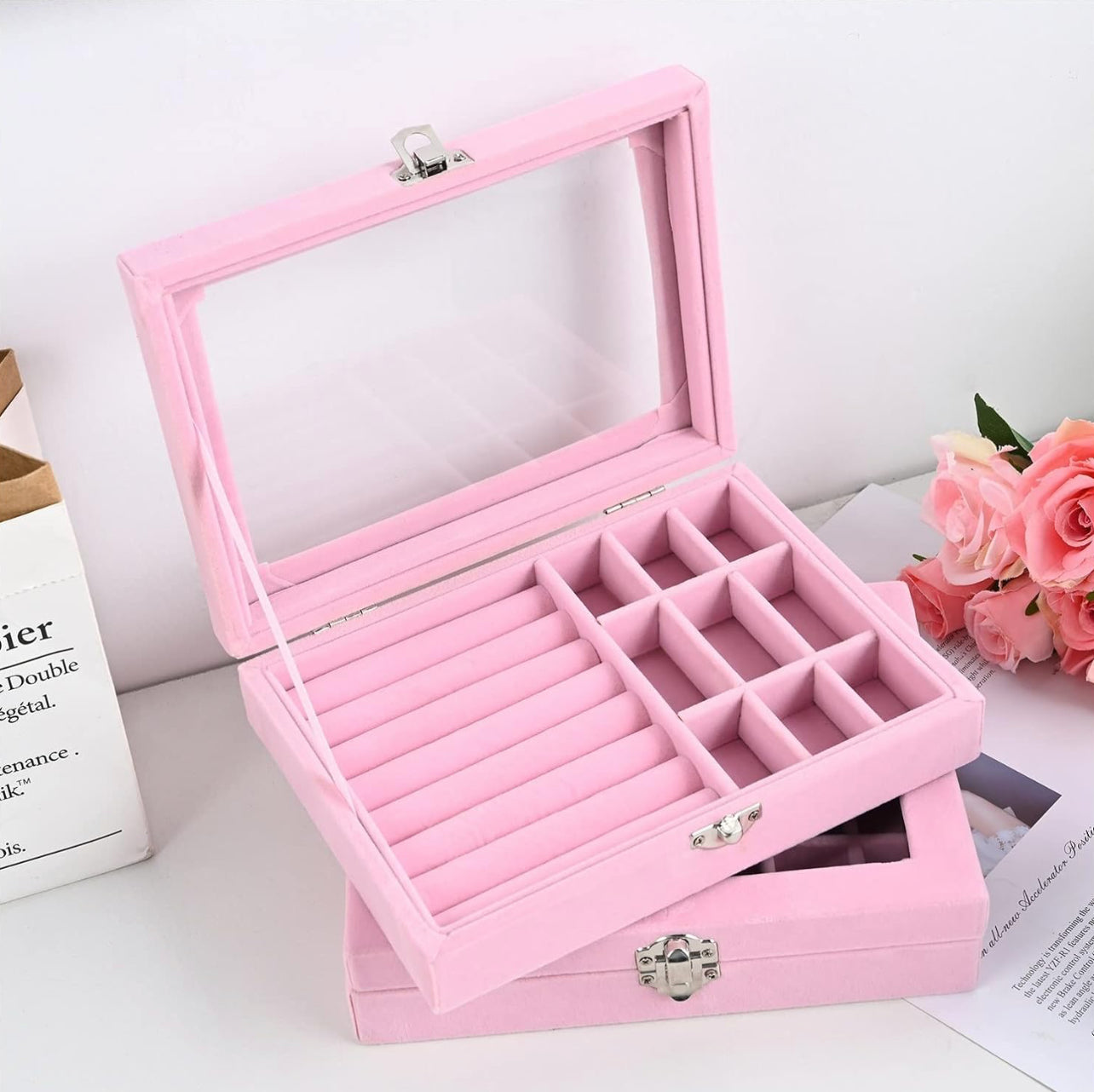 Jewelry Box Jewelry Organizer Cloth Home Place Jewelry Jewelry Watch Earrings Ring Packing Box Removable Divider Jewelry Organizer Jewelry Organiser - Pink & White Only