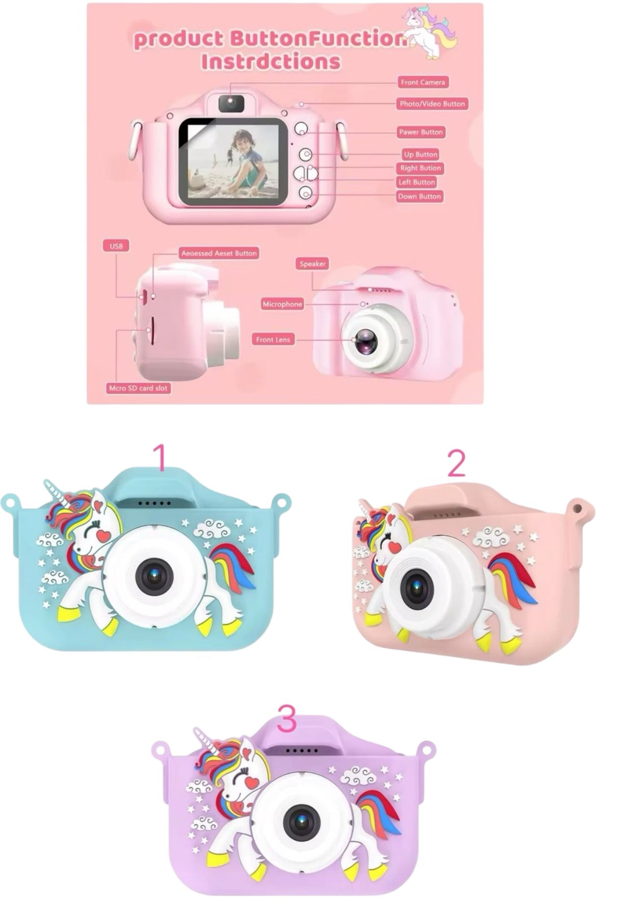 Unicorn Kids Camera, Christmas Birthday Gifts for Girls Boys, 1080P HD Selfie Digital Video Camera for Toddlers, Cute Portable. Various Colours