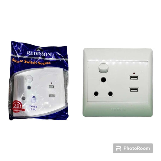 REDISSON Single Switched Wall Socket with 2 USB Ports