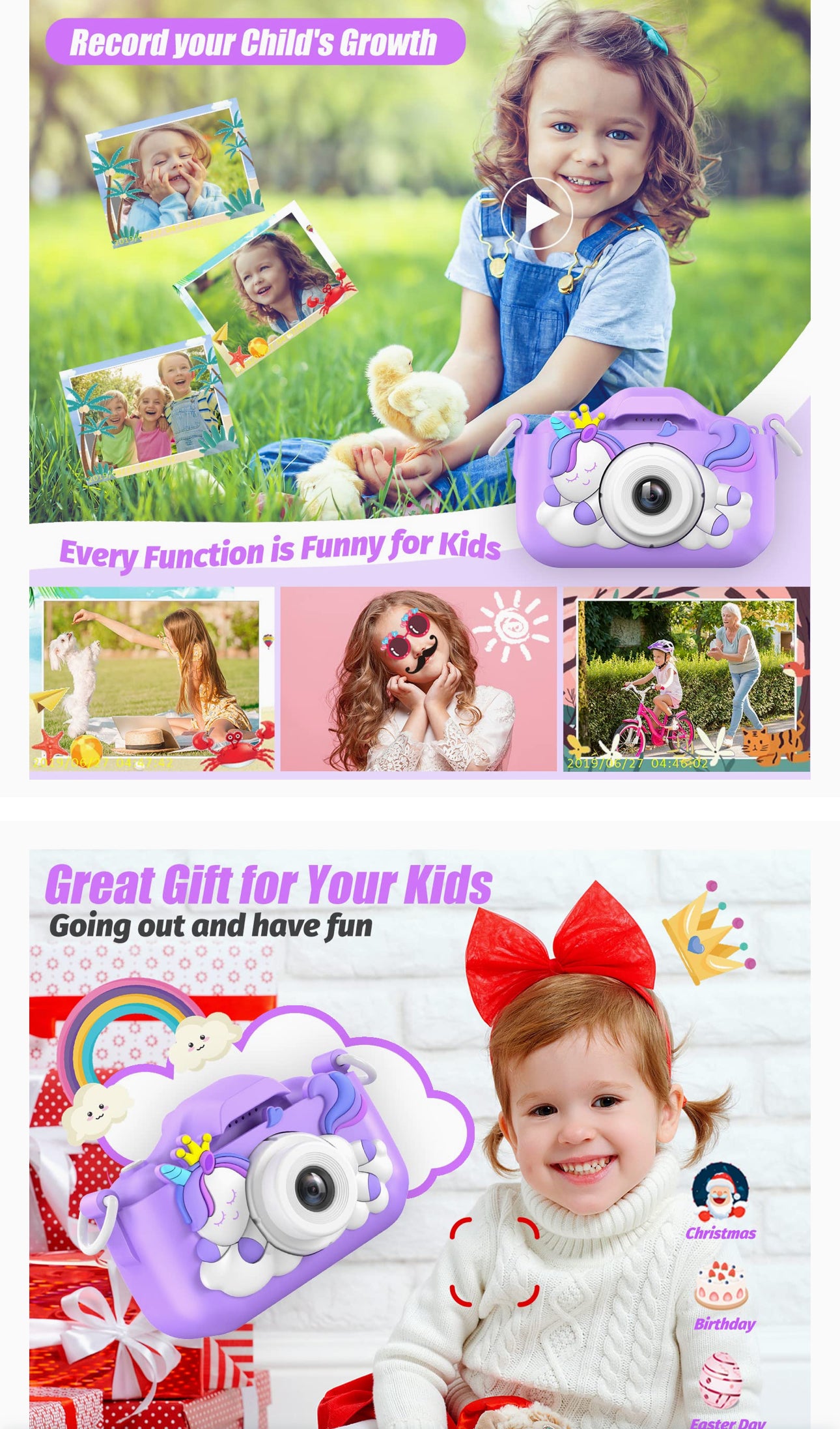 Unicorn Kids Camera, Christmas Birthday Gifts for Girls Boys, 1080P HD Selfie Digital Video Camera for Toddlers, Cute Portable. Various Colours