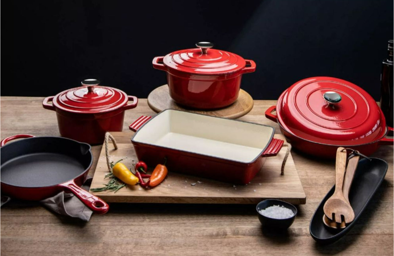 Enamelled Cast Iron Cookware Set Red - 8ps