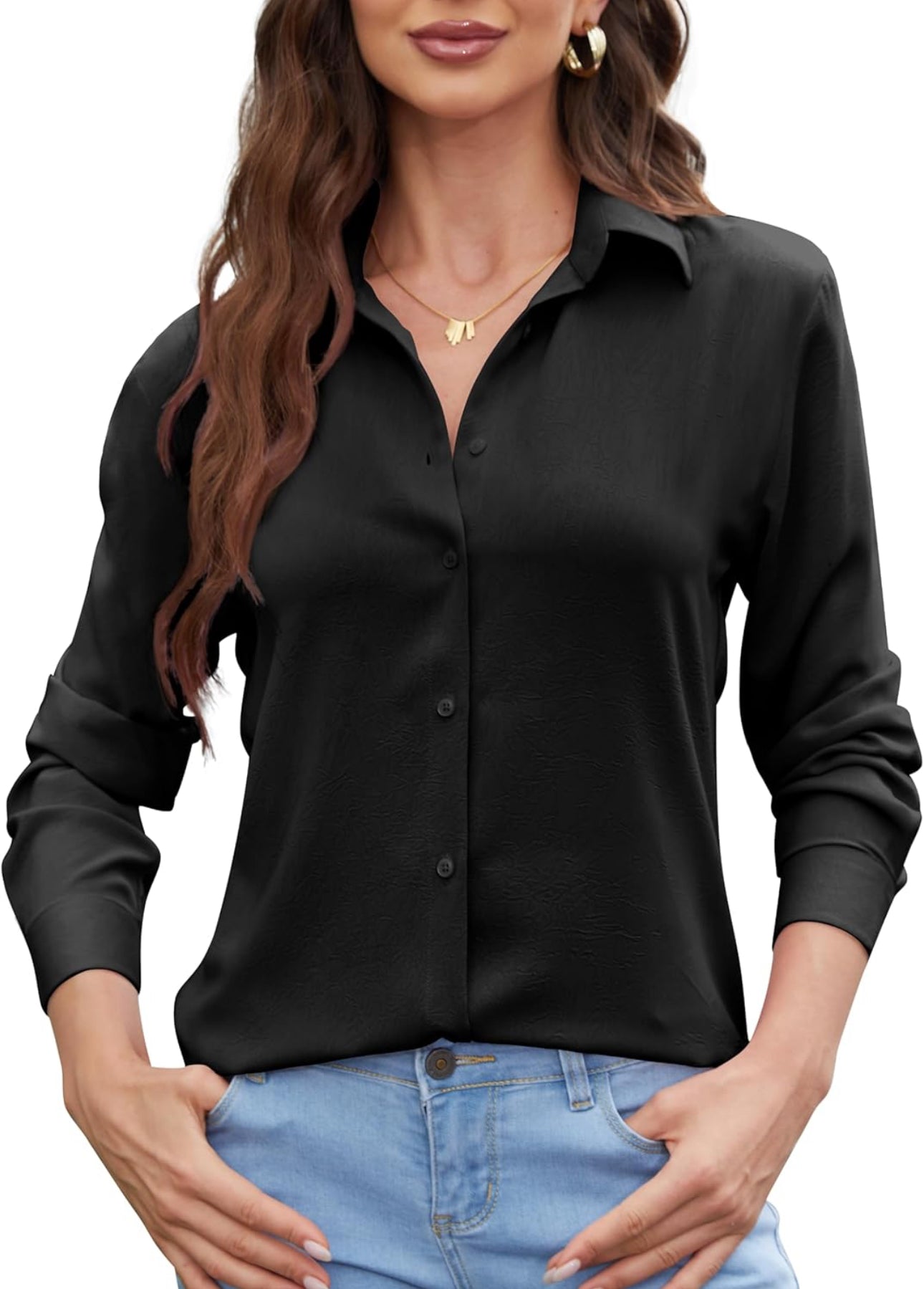 Womens Chiffon Blouses Button-Down Shirts Soft Tops Collared Casual Work Shirt