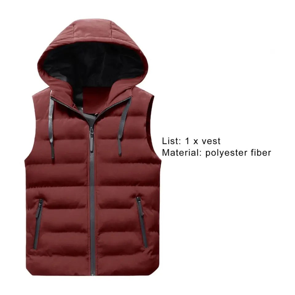 Adult Padded Vest Winter Puffy Hooded Zipper Up Sleeveless Jacket