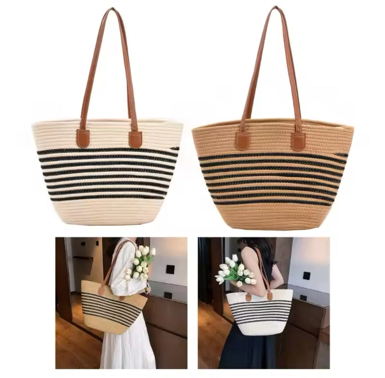 Womens Straw Tote Bag Handbag Large Woven Capacity Top Handle Bag Summer Stylish Straw Basket Bag - Various Colours