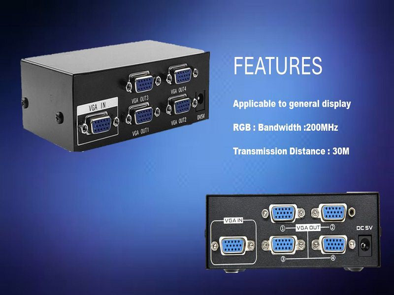 4 Port Powered VGA Splitter 1 in 4 Out 200Mhz  Video Distribution Duplicator for 1 PC to 4 Monitors Projector