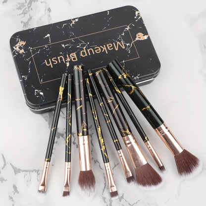 8pcs Marble Makeup Brush Set With  Iron Storage Box, Portable Soft Hair Makeup Brush Set Powder Brush Contour Brush Eyeshadow Brush Highlighter Brush Eyebrow Brush Beauty Makeup Tool