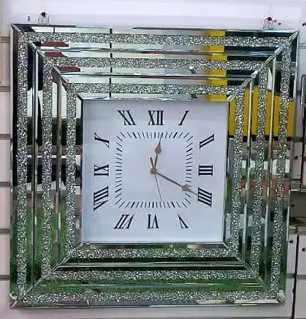 Crushed Diamond Mirrored Roman Clock Square 60cm Available In Gold or Silver