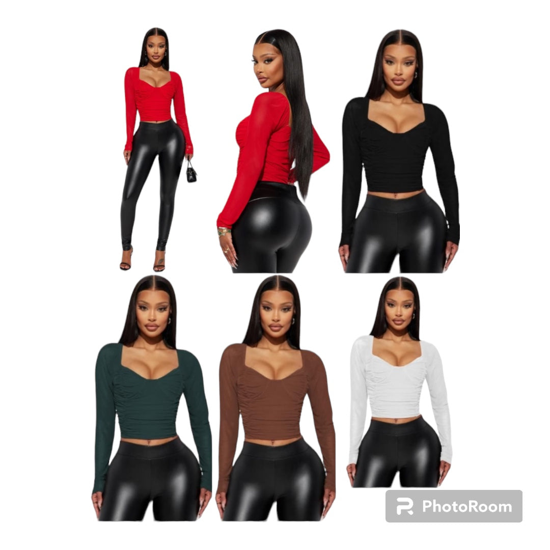 Women Sexy Long Sleeve T-Shirt Casual Square Neck Pleated Solid Slim Fit Crop Tops