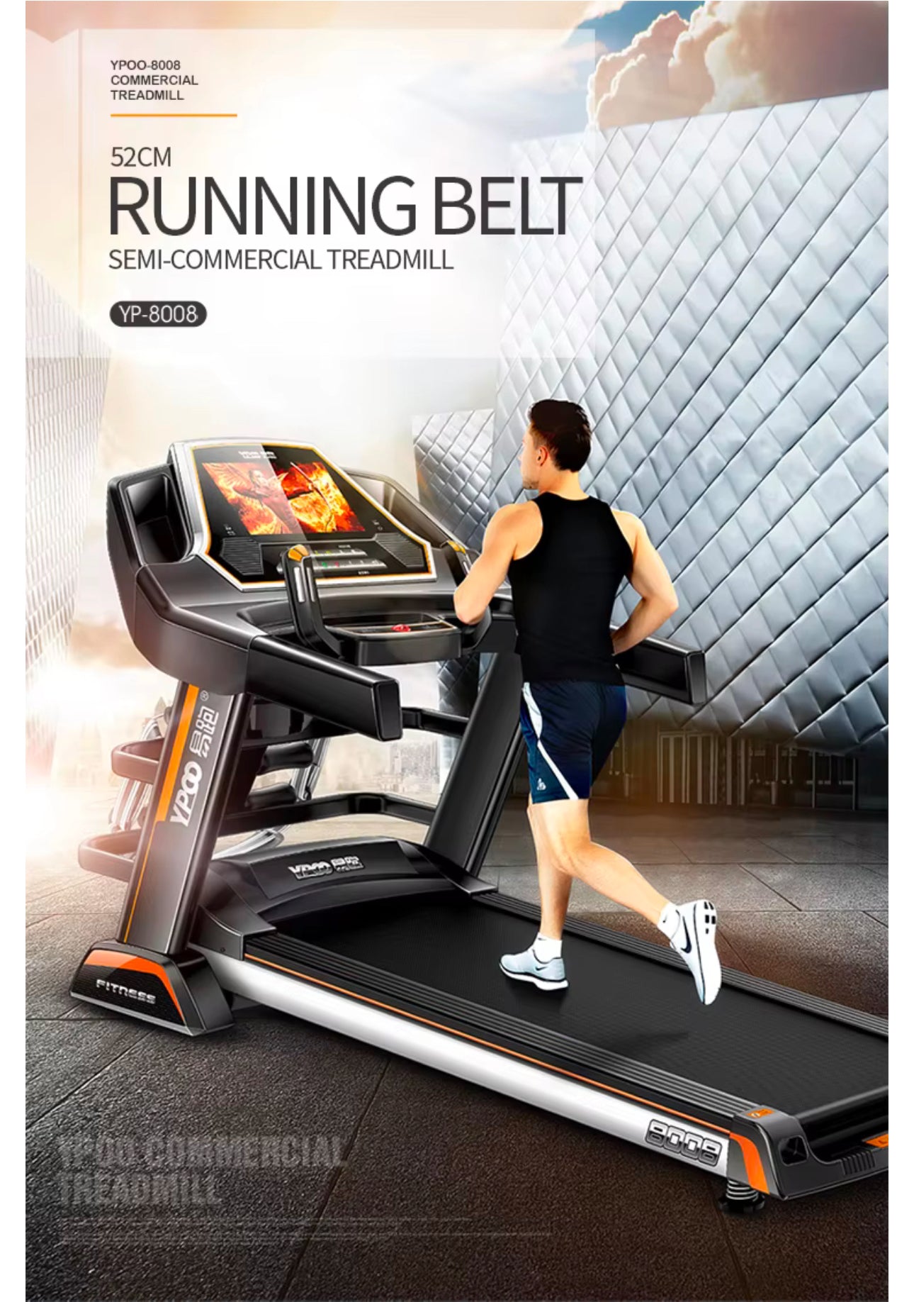 PRO-SPORTZ 8008 (F88)Digital Treadmill Exercise Fitness Machine 150KG Semi Commercial Treadmill With Kinomaps, Swift & Yfit Apps. 7” TFT Screen & Bluetooth.