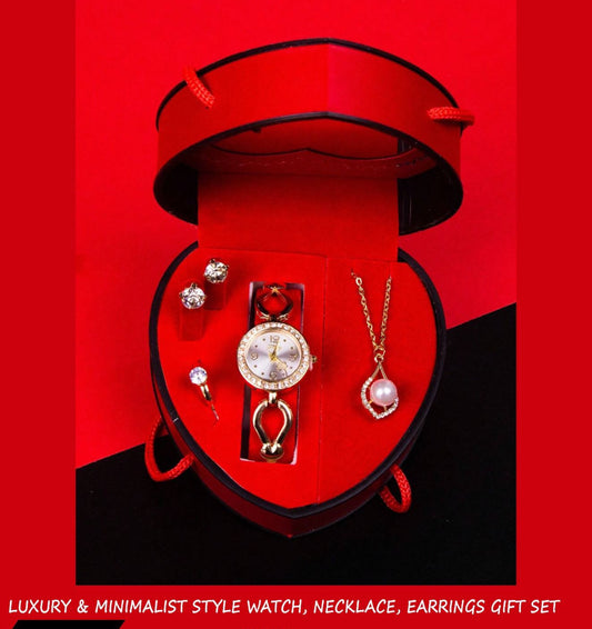 Valentines Luxury & Minimalist Style Watch,Necklace,Earrings Gift Set 4pc