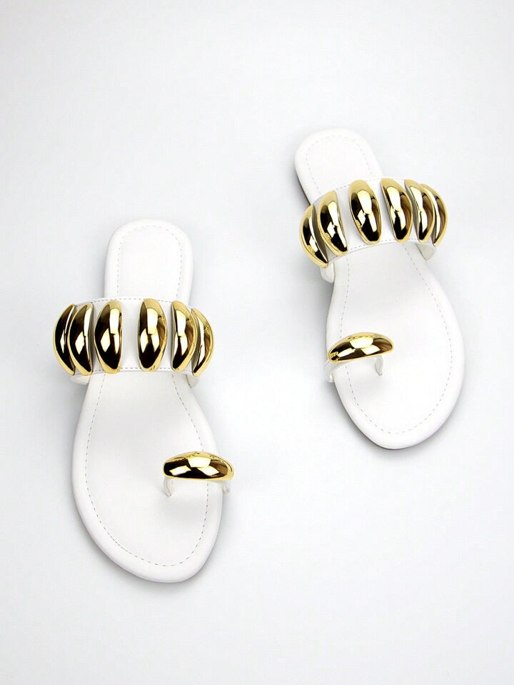 Women Fashionable Comfortable Flat Sandals With White Fabric, Gold Buckle Design And Round Toe Opening For Daily Wear - Various Colours