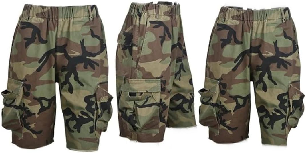 Women's Camo High Waisted Denim Shorts with Ripped Frayed Detail