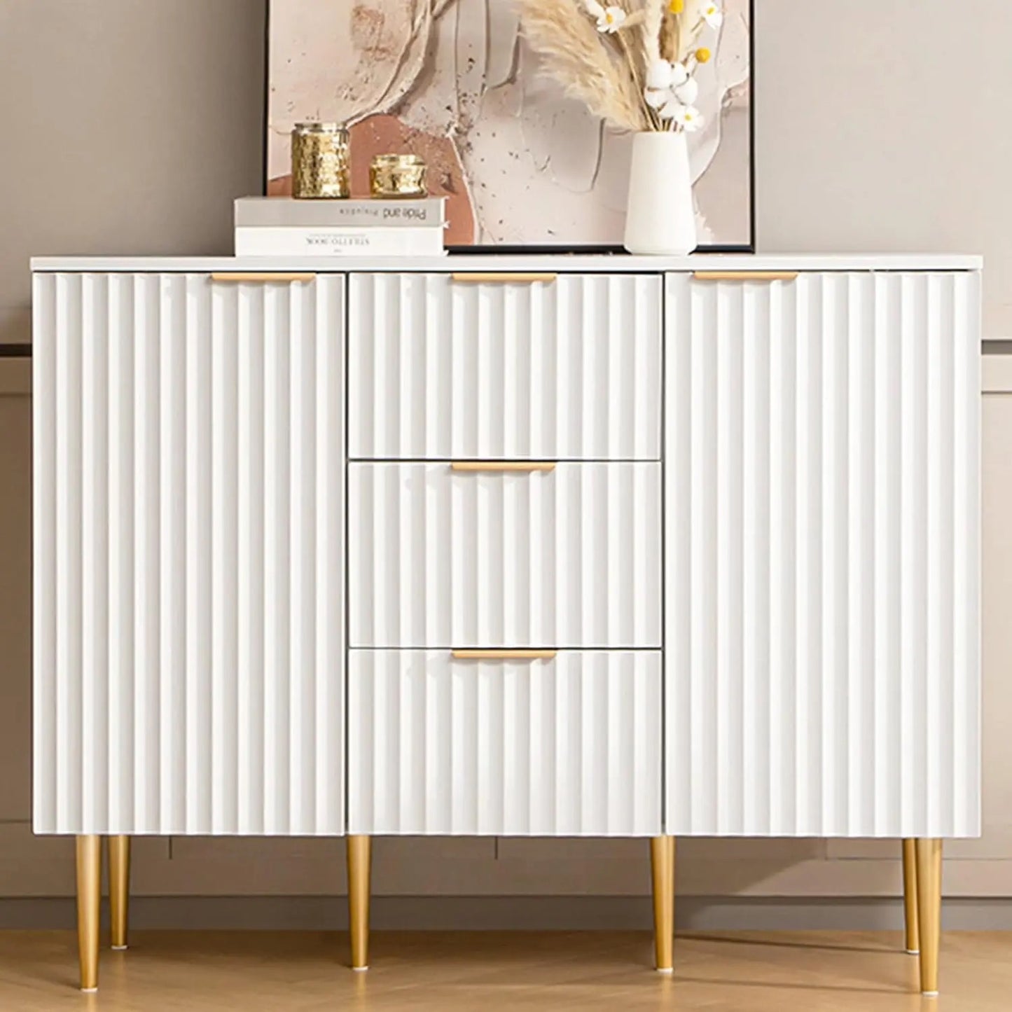 White Fluted Sideboard Buffet Cabinet with Drawers and Adjustable Shelves - Available In White or Brown / PreOrder Sales Now Available!