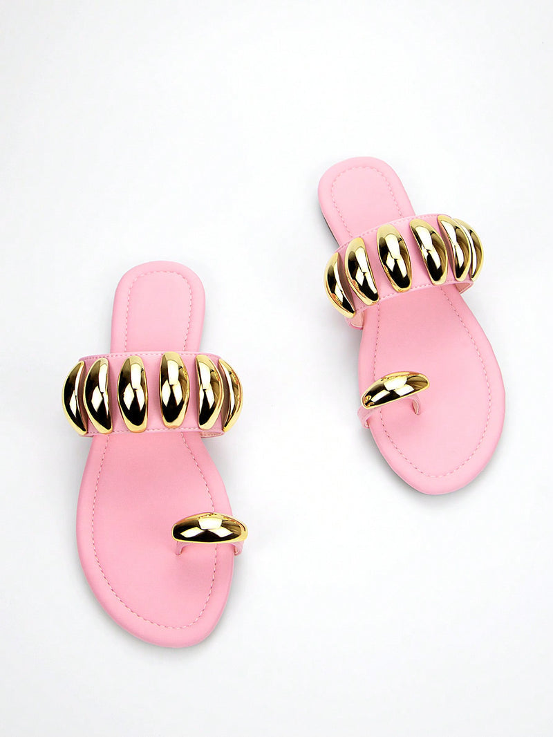 Women Fashionable Comfortable Flat Sandals With White Fabric, Gold Buckle Design And Round Toe Opening For Daily Wear - Various Colours