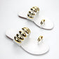 Women Fashionable Comfortable Flat Sandals With White Fabric, Gold Buckle Design And Round Toe Opening For Daily Wear - Various Colours