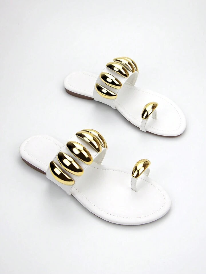 Women Fashionable Comfortable Flat Sandals With White Fabric, Gold Buckle Design And Round Toe Opening For Daily Wear - Various Colours