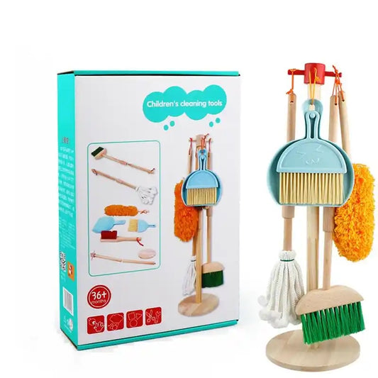 Wooden Detachable Toy Cleaning Set, Kids Cleaning Toys 6 Piece - Hanging Stand Play Kitchen Cleaning Tools For Kid Gift