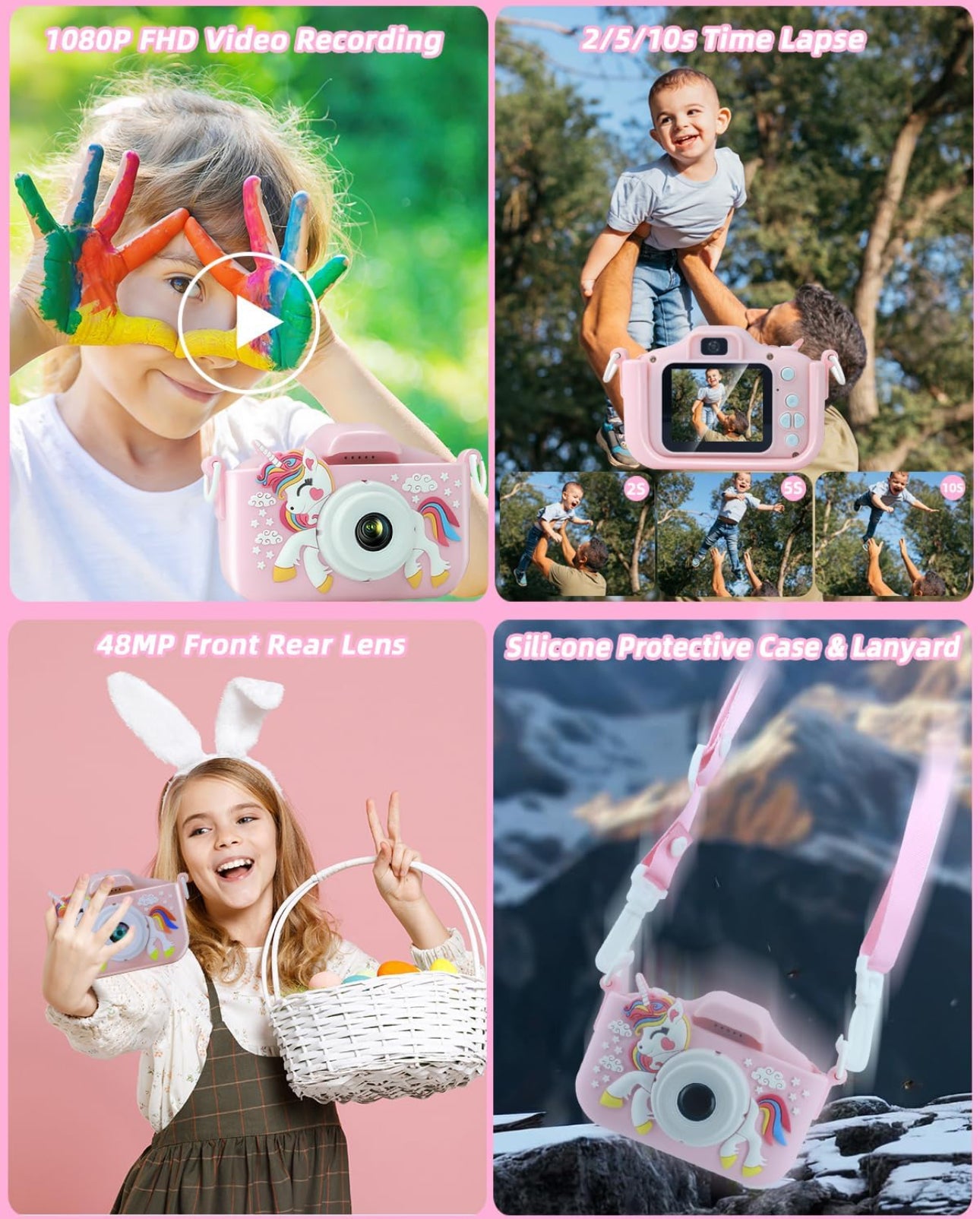 Unicorn Kids Camera, Christmas Birthday Gifts for Girls Boys, 1080P HD Selfie Digital Video Camera for Toddlers, Cute Portable. Various Colours