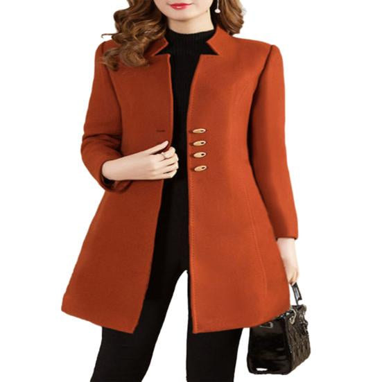 Women Autumn Winter Mid-length Woolen Coat Notched Collar Long Sleeve