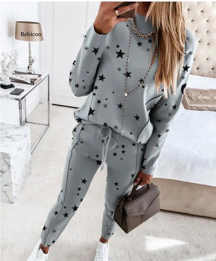 New sports suit women's star print top + pants suit casual fashion trend two-piece suit