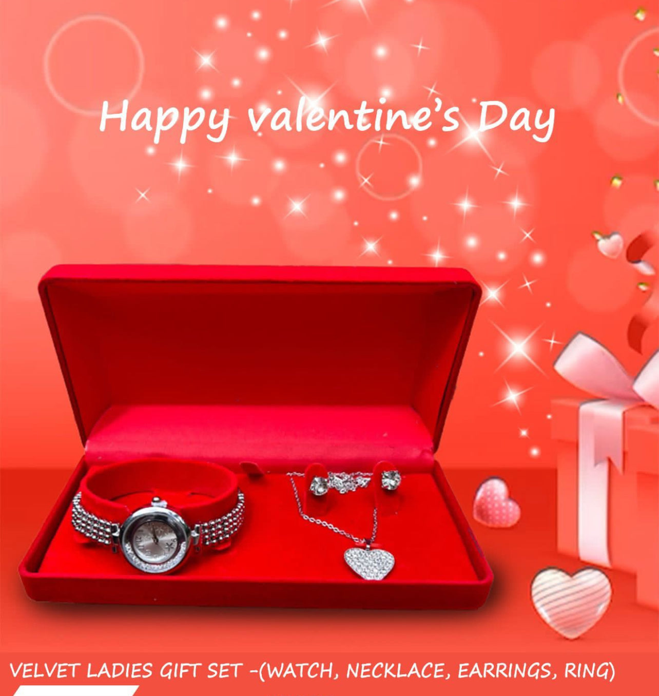 Valentines Velvet Ladies Gift Set- Watch,Earrings,Necklace,Ring 4pc