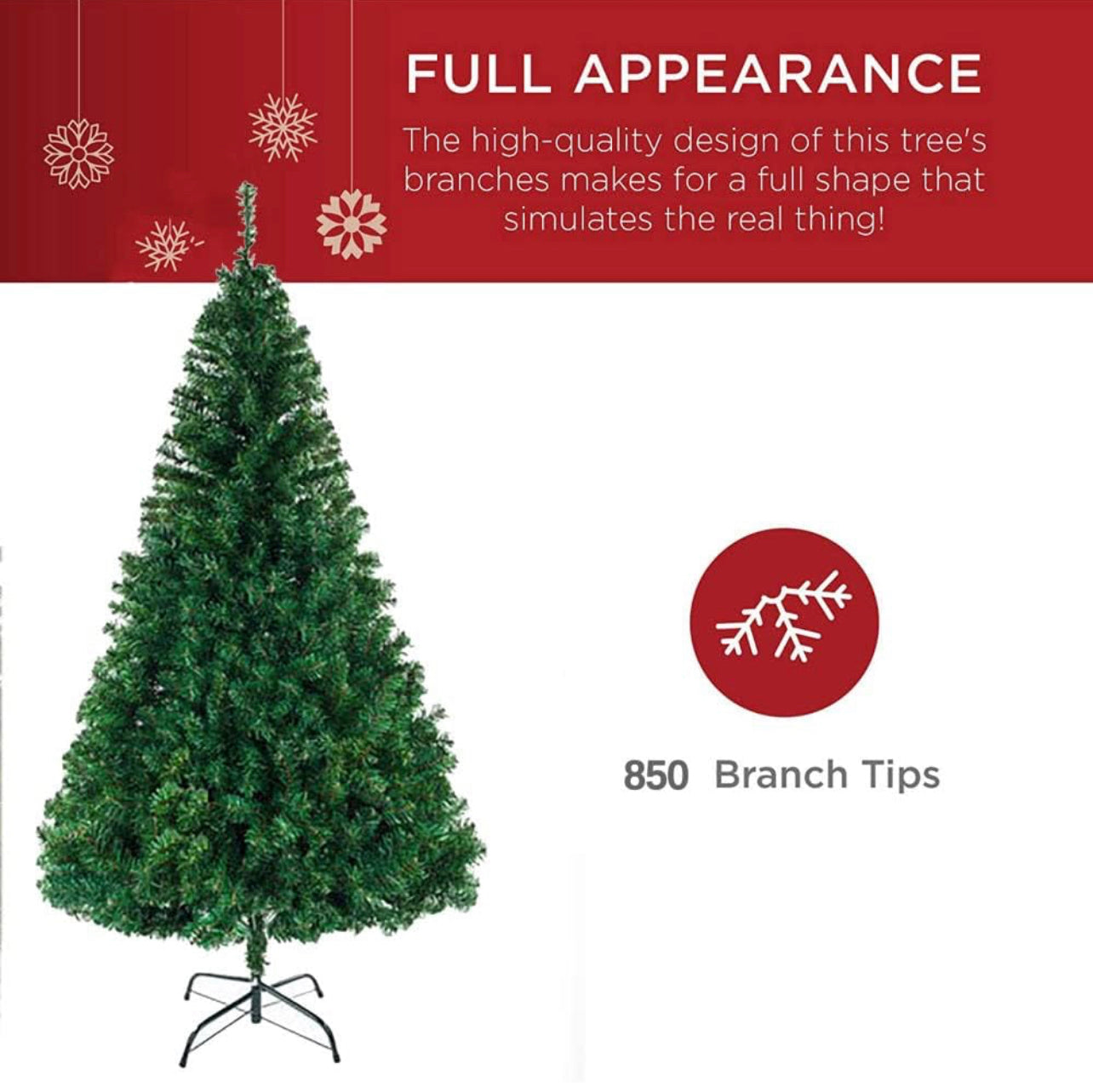 Christmas Tree Artificial Hinged Xmas Tree fire-Resistant and Non-allergenic Christmas Ornament with 850 Branch Tips Foldable Metal Stand Holiday Decoration Tree for Home Office Party Height 1.8M