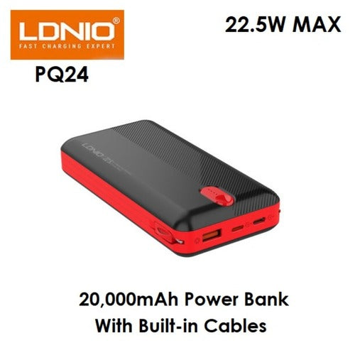 LDNIO PQ24 - 10000mAh Power Bank with Built-in Cables - 22.5W MAX - BLACK