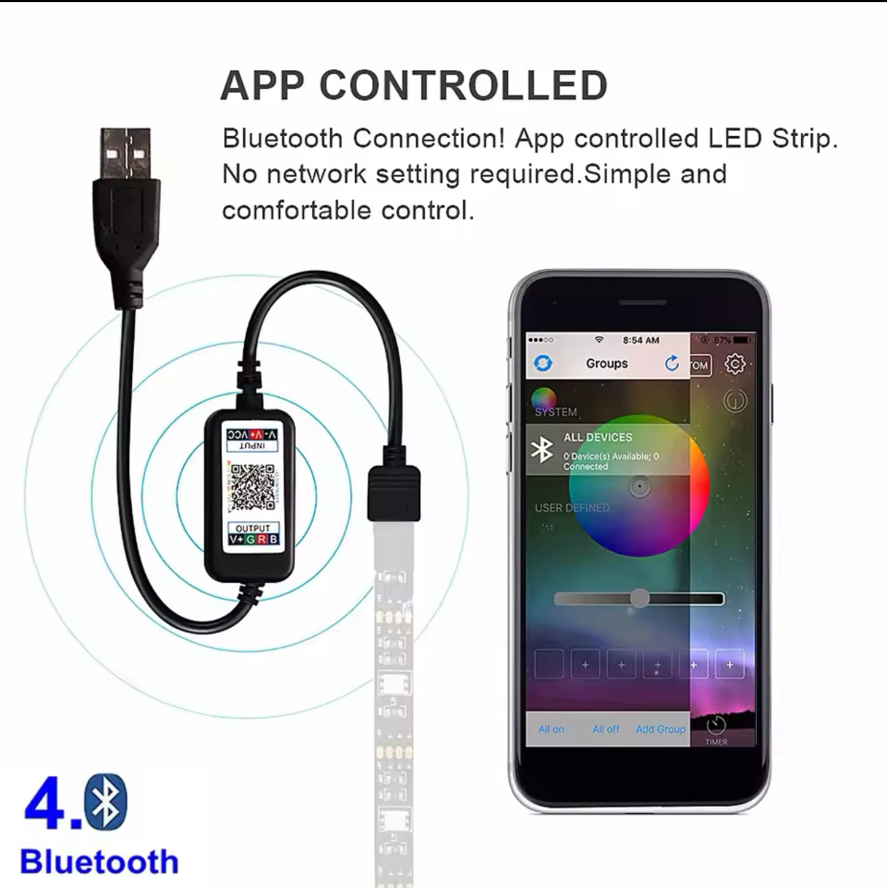 Smart 5V USB Bluetooth Controller 4pin RGB LED Strip Light 4 Pin Connector Phone APP Contrl Tape TV Backlight Decor