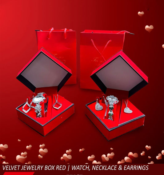 Valentine’s Gift Set Velvet Red Box Inc Watch,Necklace & Earrings 3pc