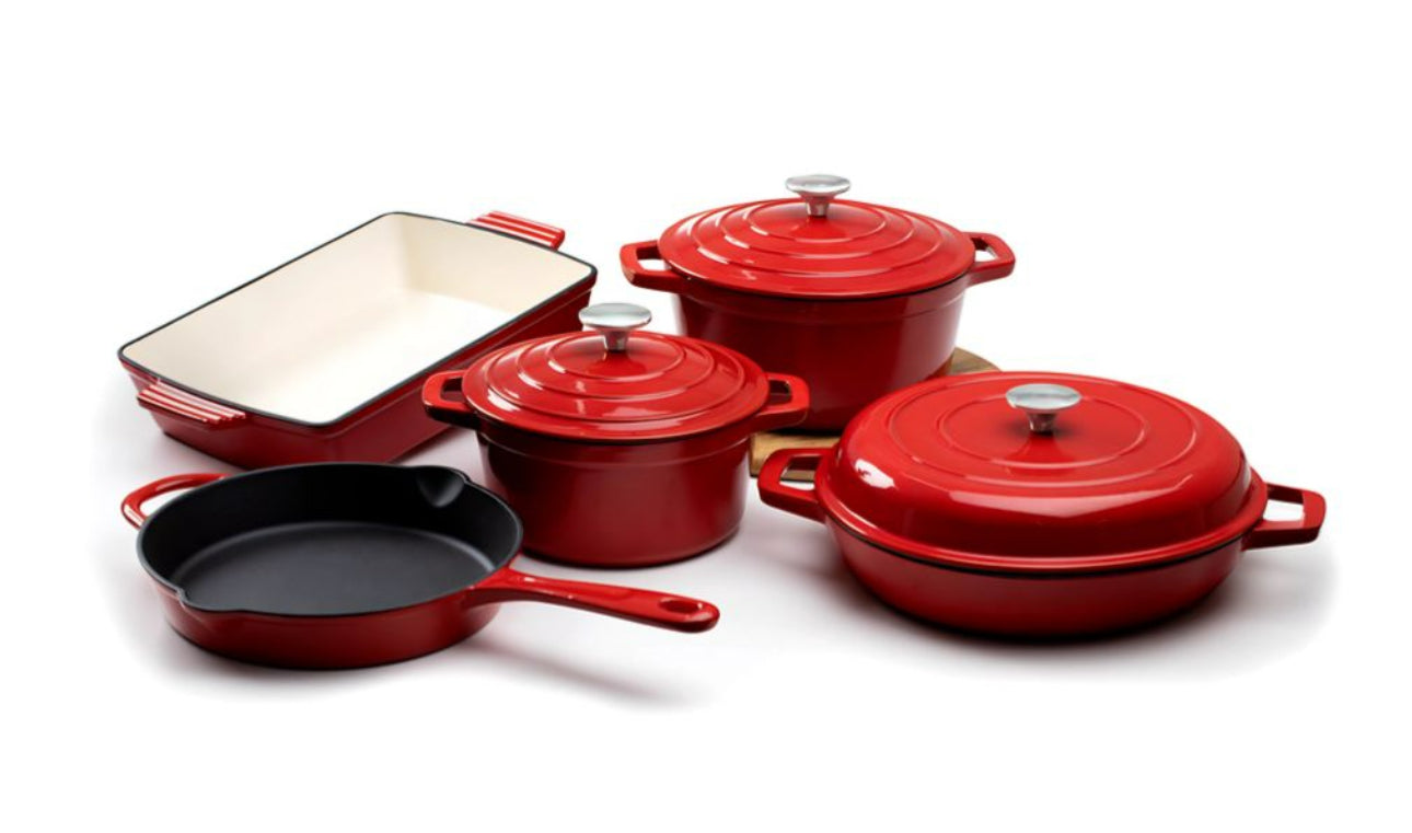 Enamelled Cast Iron Cookware Set Red - 8ps