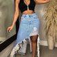 Women's Distressed Frayed Long Denim  Jean Skirt