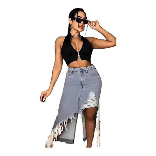 Women's Distressed Frayed Long Denim  Jean Skirt