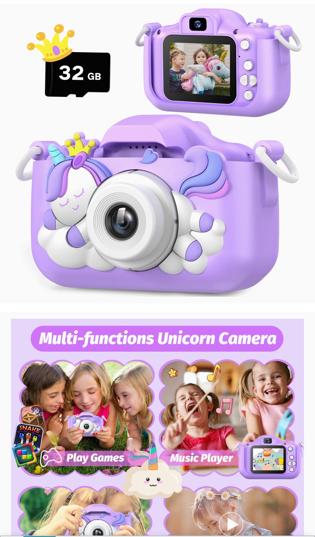 Unicorn Kids Camera, Christmas Birthday Gifts for Girls Boys, 1080P HD Selfie Digital Video Camera for Toddlers, Cute Portable. Various Colours