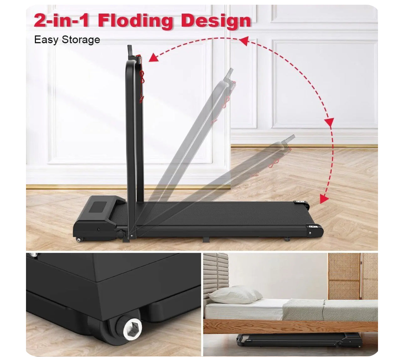 2-in-1 Fitness Foldable Electric Treadmill Space-Saving Machine Walking Running Pad