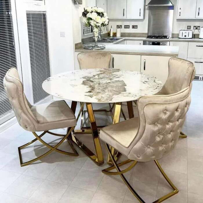 Windsor Round White And Gold Marble Dining Table Set And 4  Dining Chairs