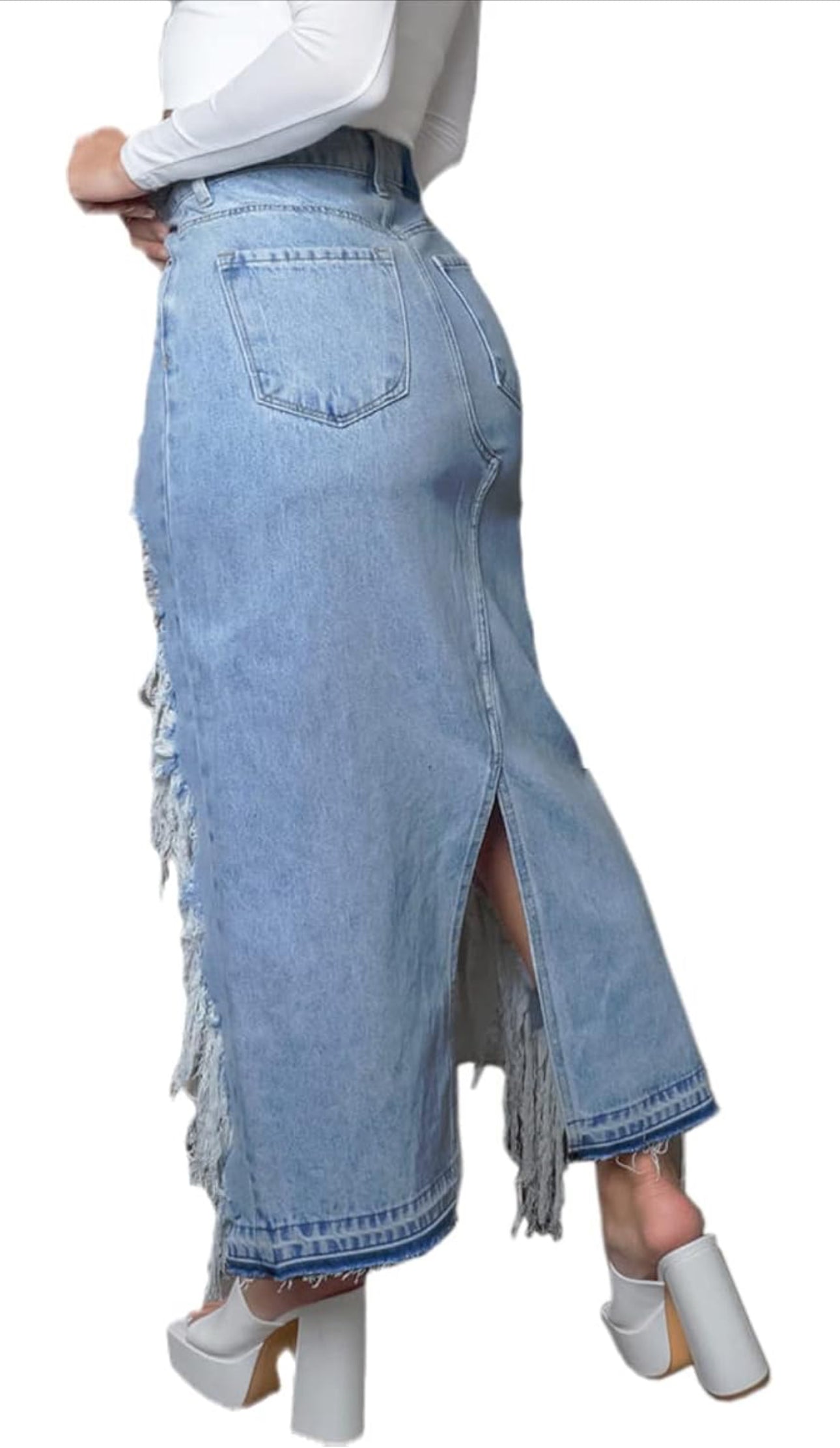 Women's Distressed Frayed Long Denim  Jean Skirt