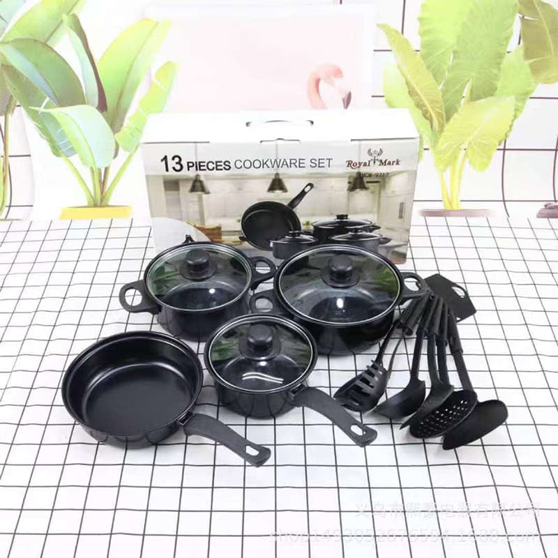 13Pcs Cast Iron Pots and Pan Set Non-Stick Frying Cooking Pots Cookware with Utensils for Kitchen