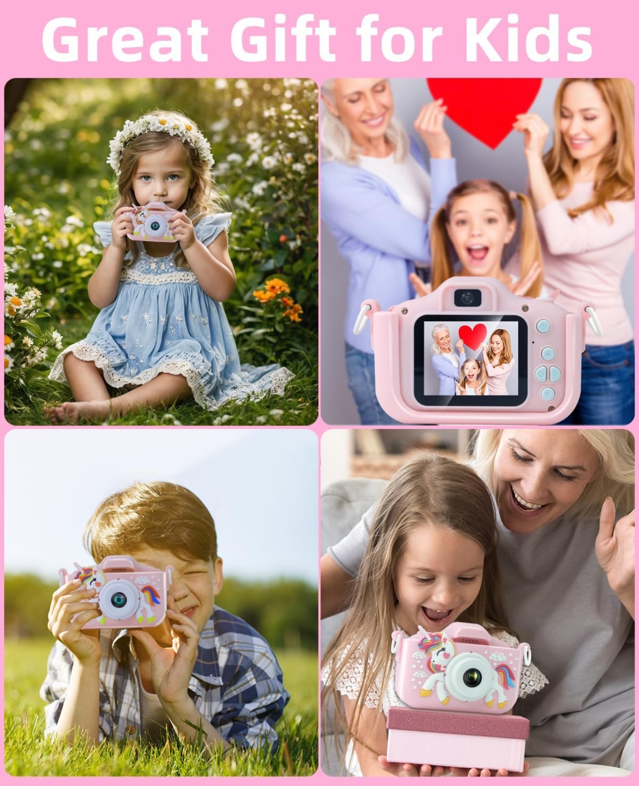 Unicorn Kids Camera, Christmas Birthday Gifts for Girls Boys, 1080P HD Selfie Digital Video Camera for Toddlers, Cute Portable. Various Colours