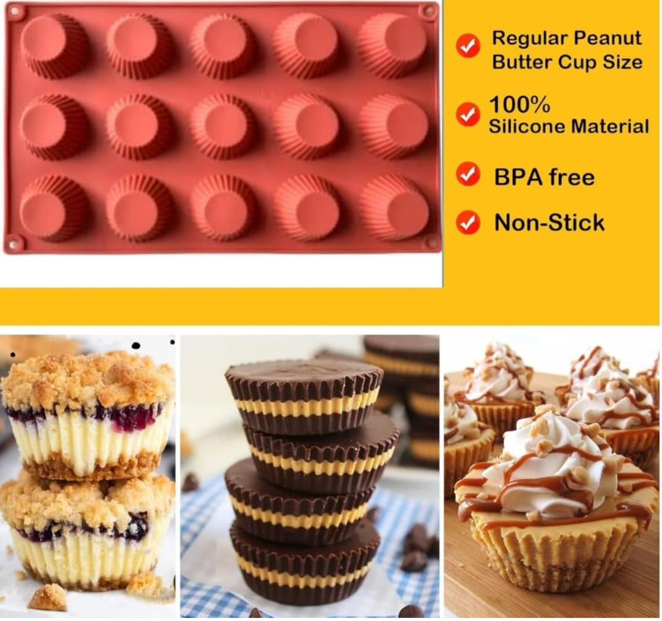 15 Cavity Mini Muffin Baking Silicone Mould for Peanut Butter Cup Chocolate Bomb Candy Mini Cakes Cupcakes Baking Tray Brownie Dessert Party Snacks Jelly Treats Cheesecake Tart Mold