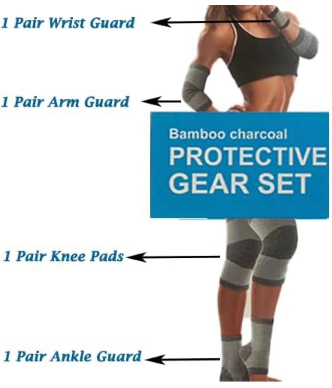 Bamboo Charcoal Protective Gear Set, Arm Guard, Wrist Guard, Knee Pads, Ankle Guard, gear set for Exercise, gym ,sports 8piece