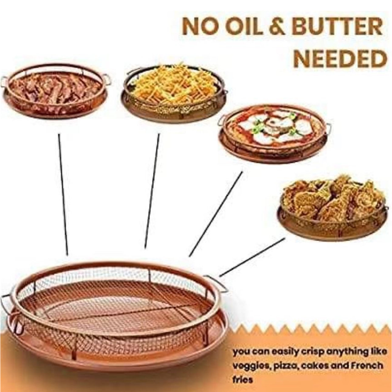 2 Pieces Round Copper Crisper Oven Baking Tray Non-Stick Mesh Crisper Basket